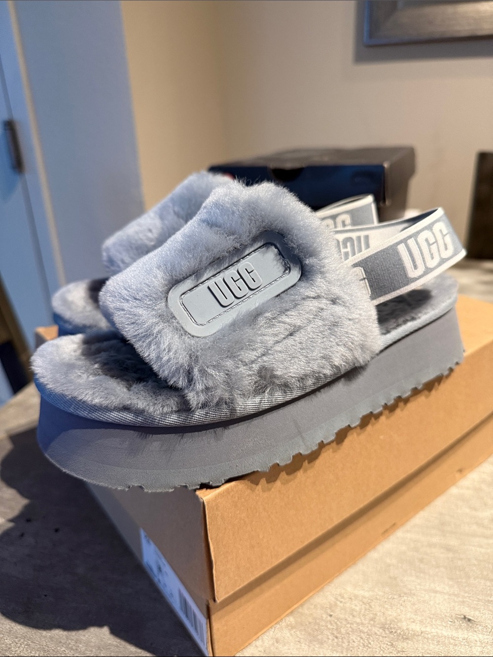 UGG Women's Grey Fluff Slide Sandals with Branded Elastic Strap